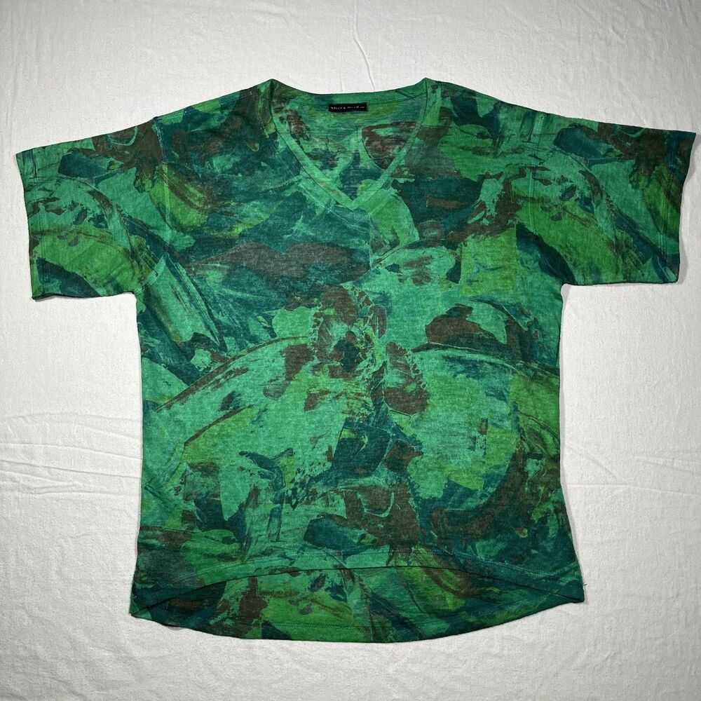 Nally & Millie Women's Top V Neck Green Short Sleeve Oversized Fit